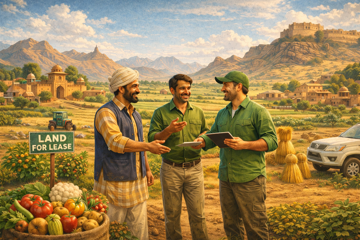 Indian farmers discussing land leasing in a Rajasthan village landscape with fields and rural homes
